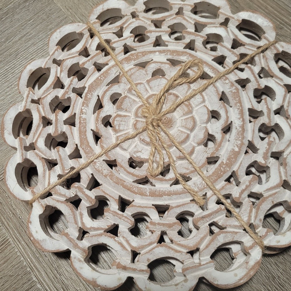 2 Sets Whitewashed Carved Wood Trivets Boho Mandala Openwork Round Tied - Picture 2 of 6